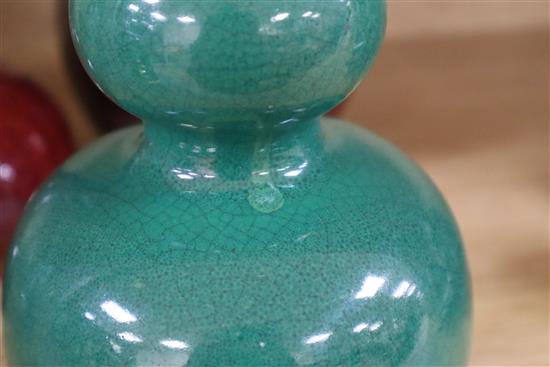 Two Chinese flambe glazed vases and a green crackle glaze double gourd vase (3) Tallest piece measures 23cm